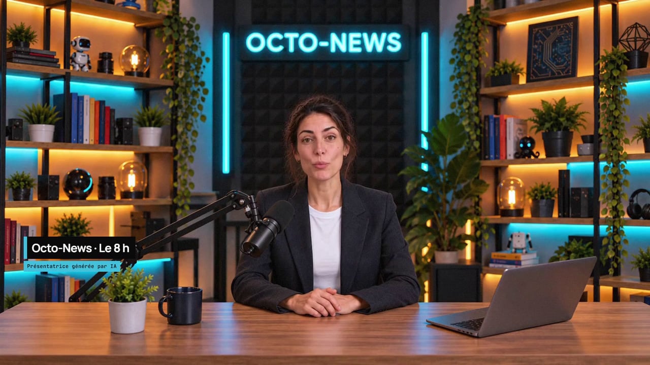 La présentatrice d’Octo-News, générée par IA, à son bureau sur le plateau du 8 h
