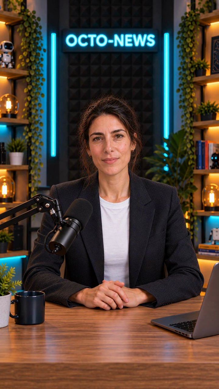 La présentatrice d’Octo-News, personnage fictif généré par IA : femme brune, blazer gris, t-shirt blanc, au bureau du plateau sous l’enseigne OCTO-NEWS