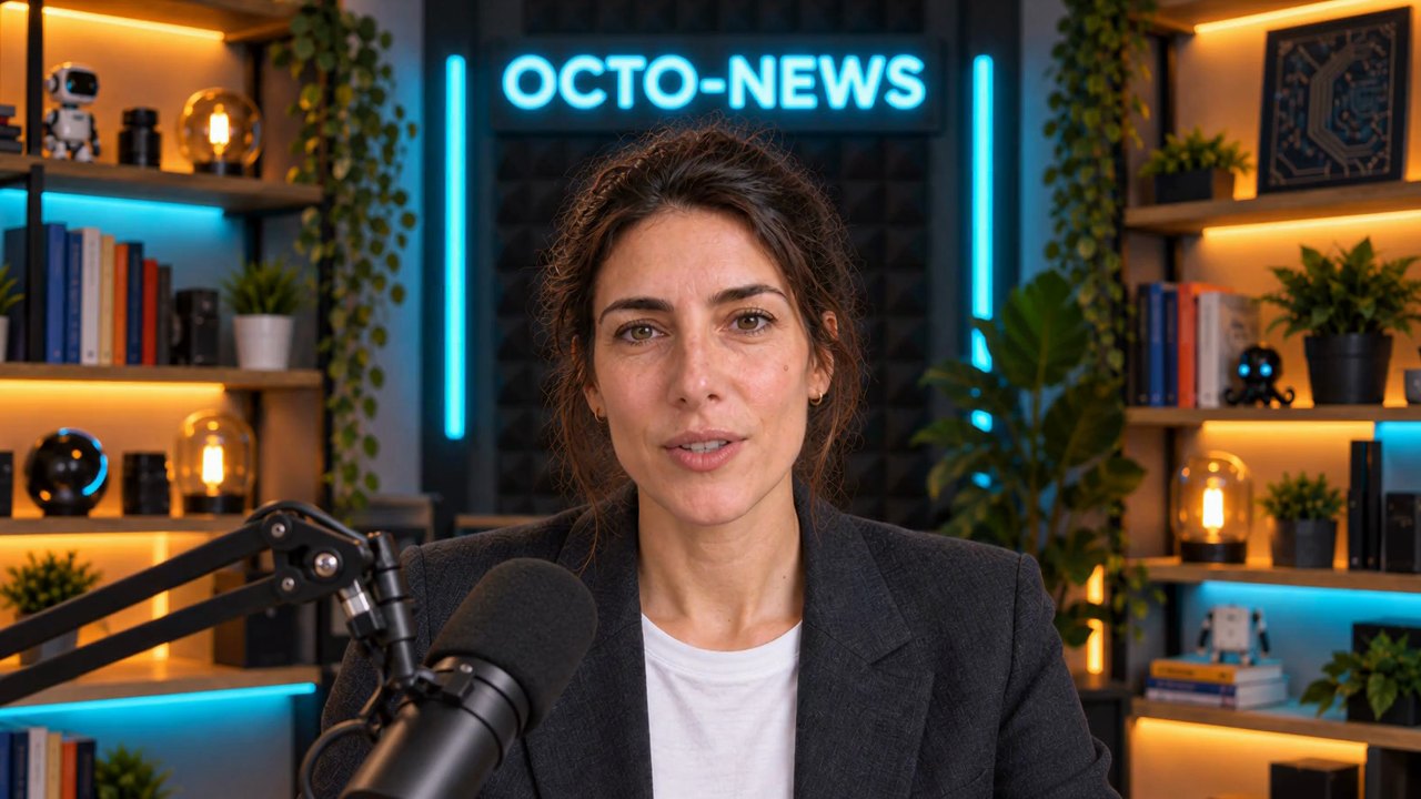 La présentatrice d’Octo-News, en plan serré, écoute sur le plateau