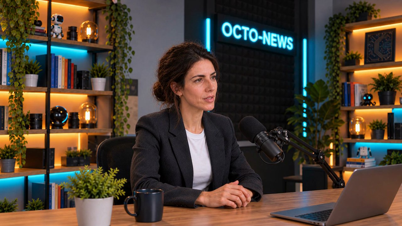 La présentatrice d’Octo-News, de trois quarts, écoute un invité hors champ sur le plateau