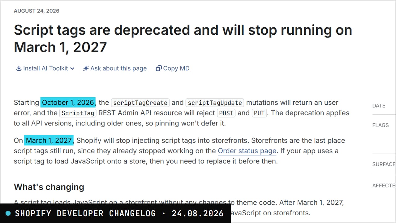 Capture de la page source : Shopify developer changelog, 24/08/2026